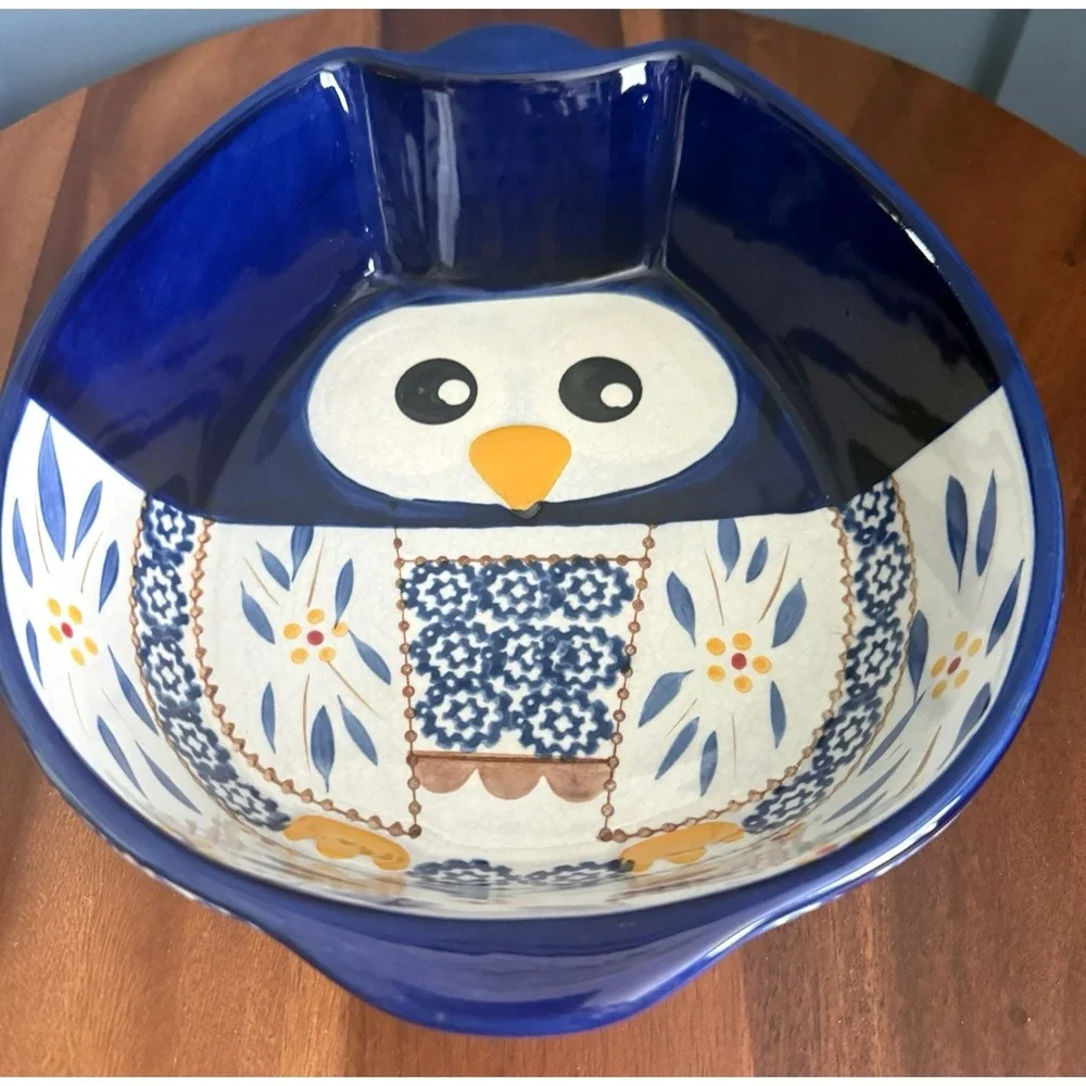 Temp-tations by Tara Old World Owl 1.5 Qt Casserole Dish Serving Bowl Blue Chi O